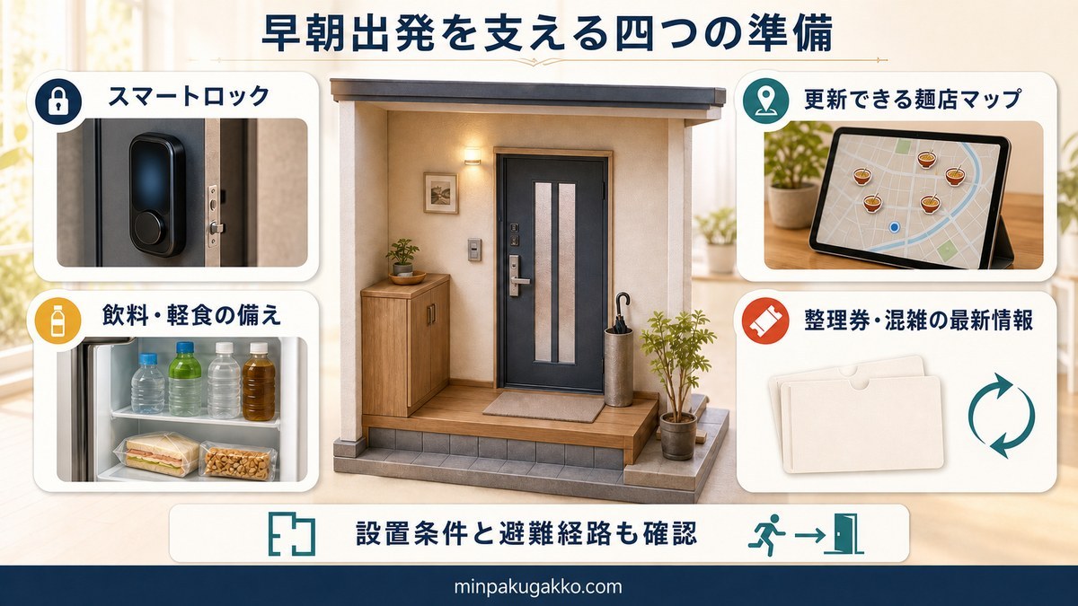 スマートロック・麺店マップ・飲料軽食・整理券情報で早朝出発を支える図