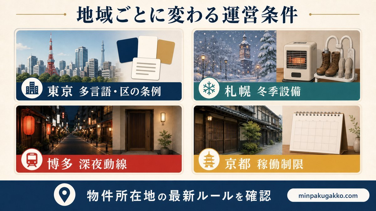 東京・札幌・博多・京都で異なる民泊運営条件を比較する図