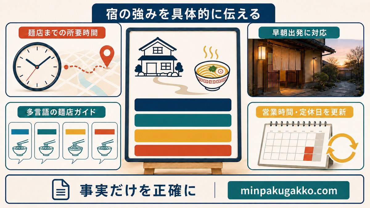 麺店までの所要時間・早朝対応・多言語ガイド・情報更新を宿の案内にまとめる図