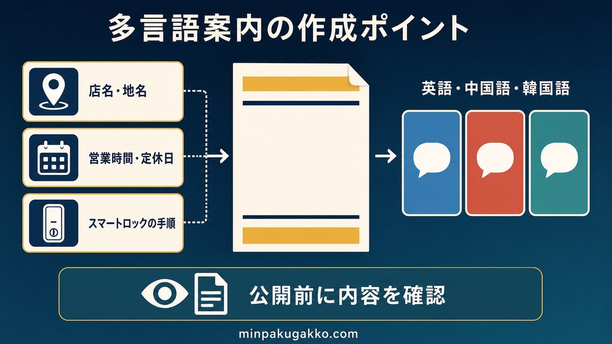 店名・営業時間・スマートロック手順から多言語案内を作り公開前に確認する図