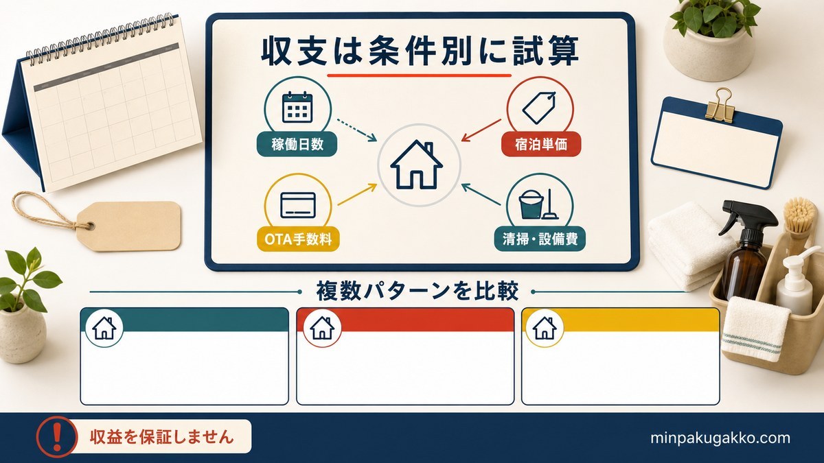 稼働日数・宿泊単価・OTA手数料・清掃設備費を条件別に試算する図