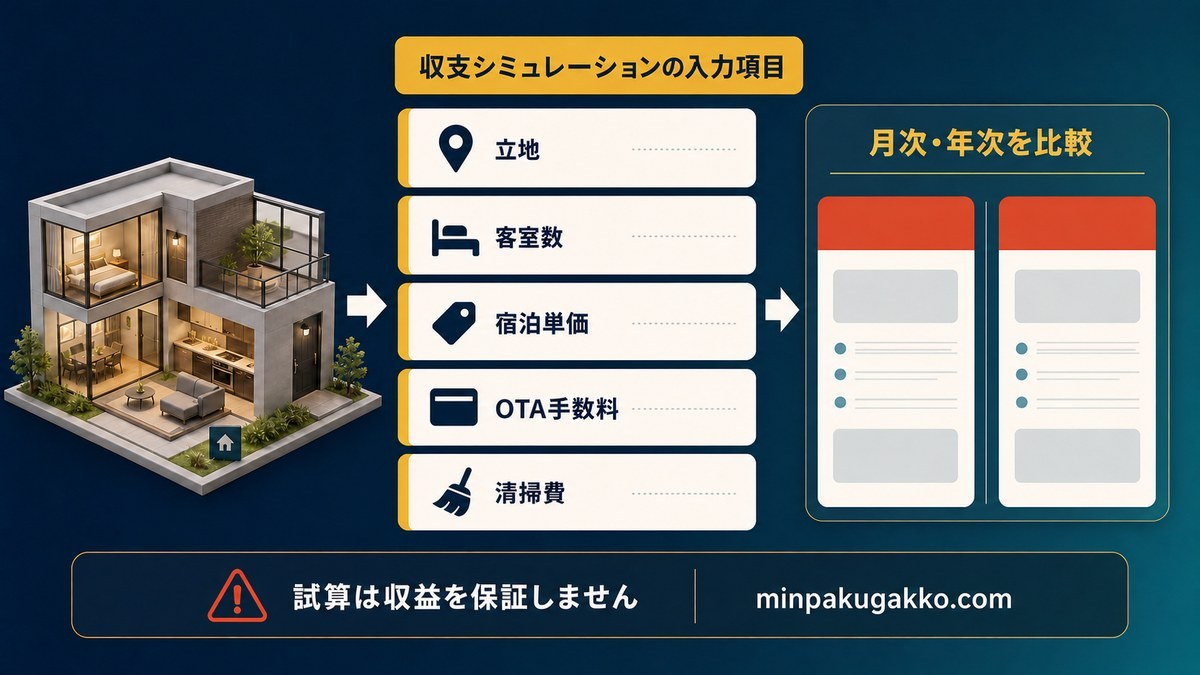 立地・客室数・宿泊単価・OTA手数料・清掃費を入力して収支を比較する図