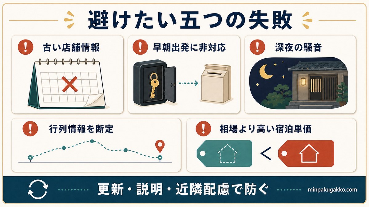 古い店舗情報・早朝非対応・深夜騒音・行列断定・高い単価の失敗を防ぐ図
