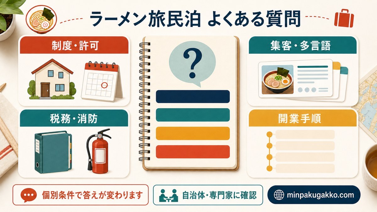 制度許可・集客多言語・税務消防・開業手順のFAQテーマを整理する図