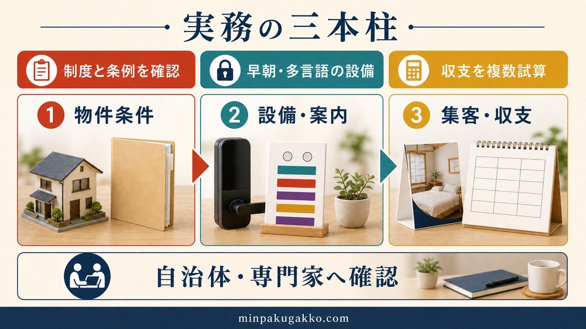 制度条例・早朝多言語設備・複数収支試算を三本柱で進める実務フロー図