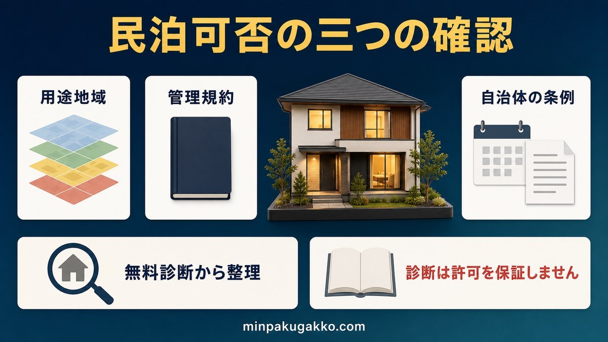 民泊可否を用途地域・管理規約・自治体条例の三点から整理する図