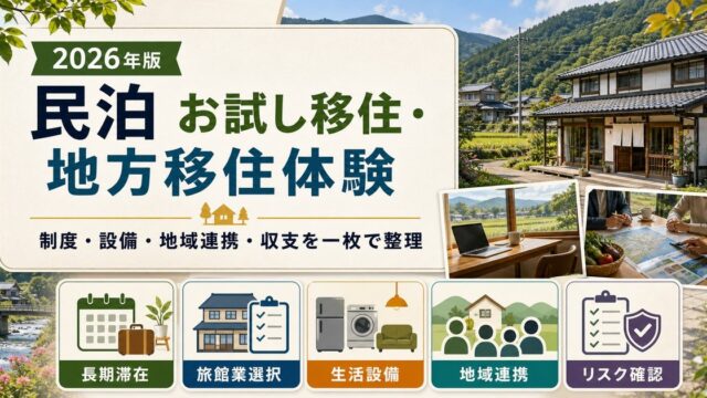 民泊のお試し移住・地方移住体験需要について、長期滞在、旅館業選択、生活設備、地域連携、リスク確認を整理したアイキャッチ画像
