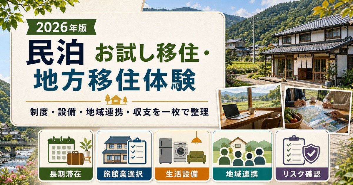 民泊のお試し移住・地方移住体験需要について、長期滞在、旅館業選択、生活設備、地域連携、リスク確認を整理したアイキャッチ画像