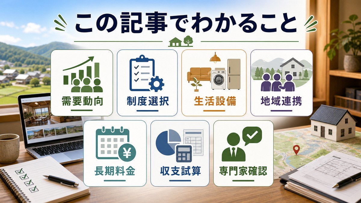 お試し移住民泊の記事概要として、需要動向、制度選択、生活設備、地域連携、長期料金、収支試算、専門家確認を整理した図解