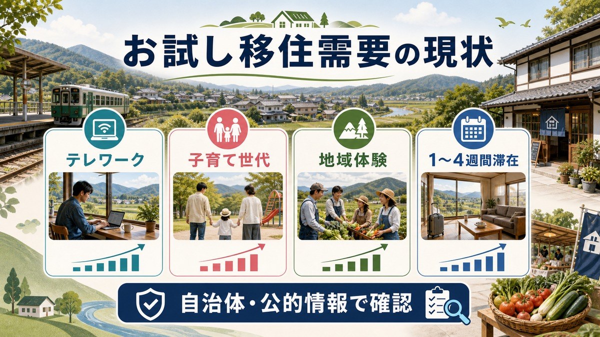 お試し移住需要の現状として、テレワーク、子育て世代、地域体験、1〜4週間滞在、自治体・公的情報確認を整理した図解