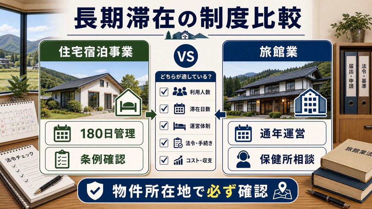 長期滞在の制度比較として、住宅宿泊事業、180日管理、条例確認、旅館業、通年運営、保健所相談を整理した図解