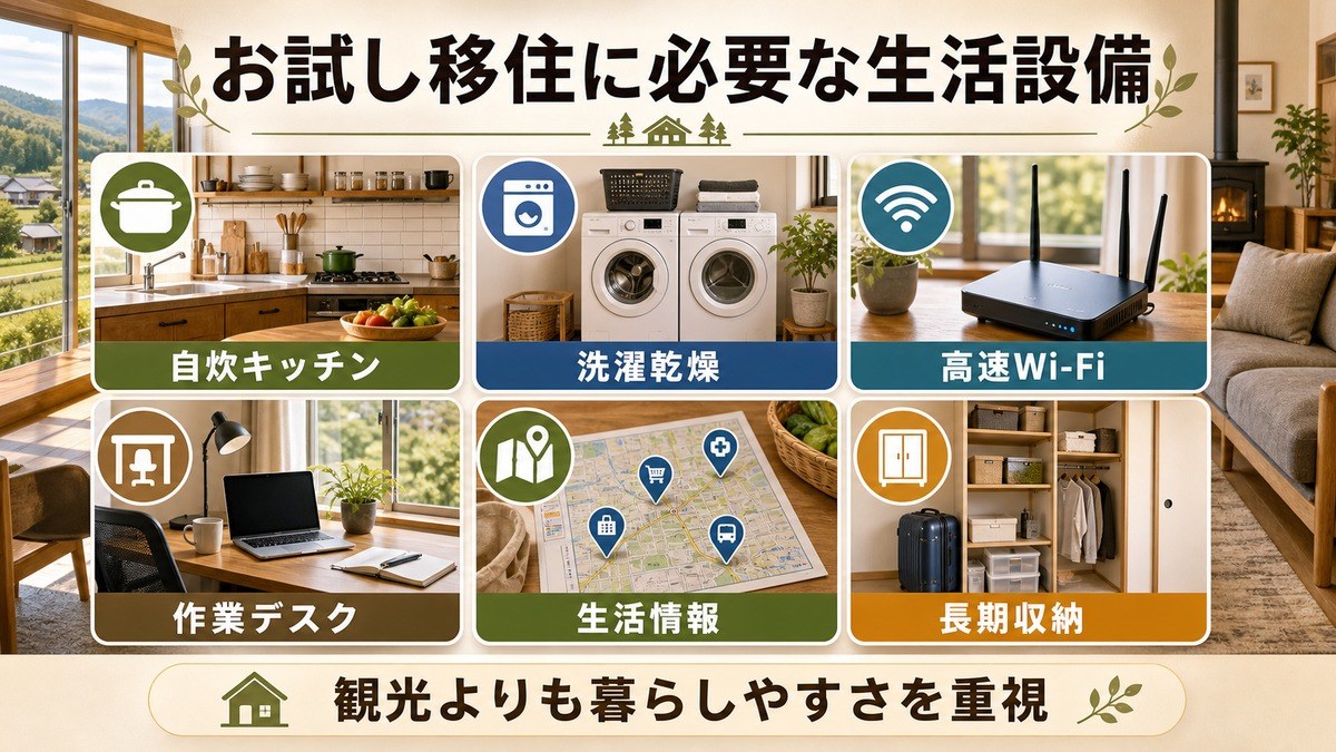 お試し移住に必要な生活設備として、自炊キッチン、洗濯乾燥、高速Wi-Fi、作業デスク、生活情報、長期収納を整理した図解