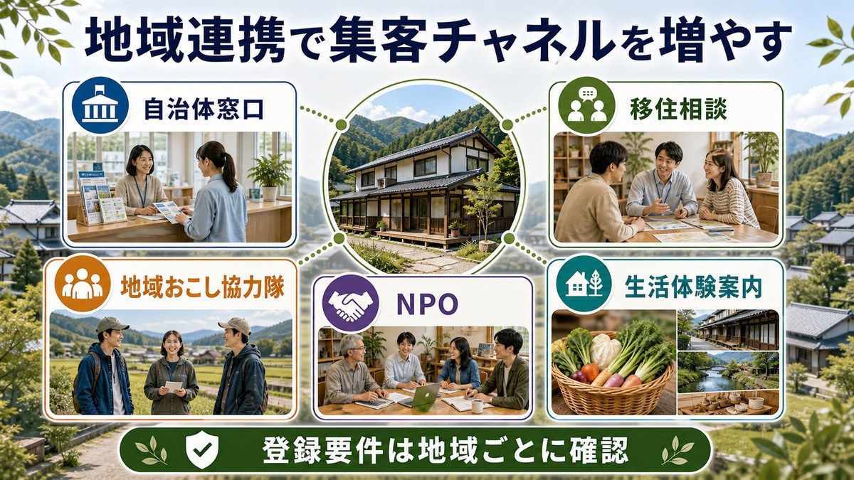 地域連携による集客チャネルとして、自治体窓口、移住相談、地域おこし協力隊、NPO、生活体験案内、登録要件確認を整理した図解