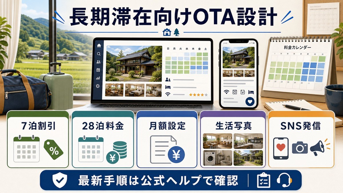 長期滞在向けOTA設計として、7泊割引、28泊料金、月額設定、生活写真、SNS発信、公式ヘルプ確認を整理した図解
