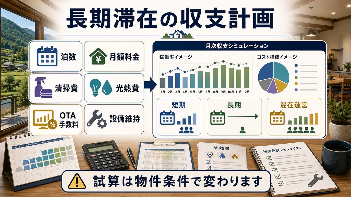 長期滞在の収支計画として、泊数、月額料金、清掃費、光熱費、OTA手数料、設備維持、短期・長期・混在運営を整理した図解