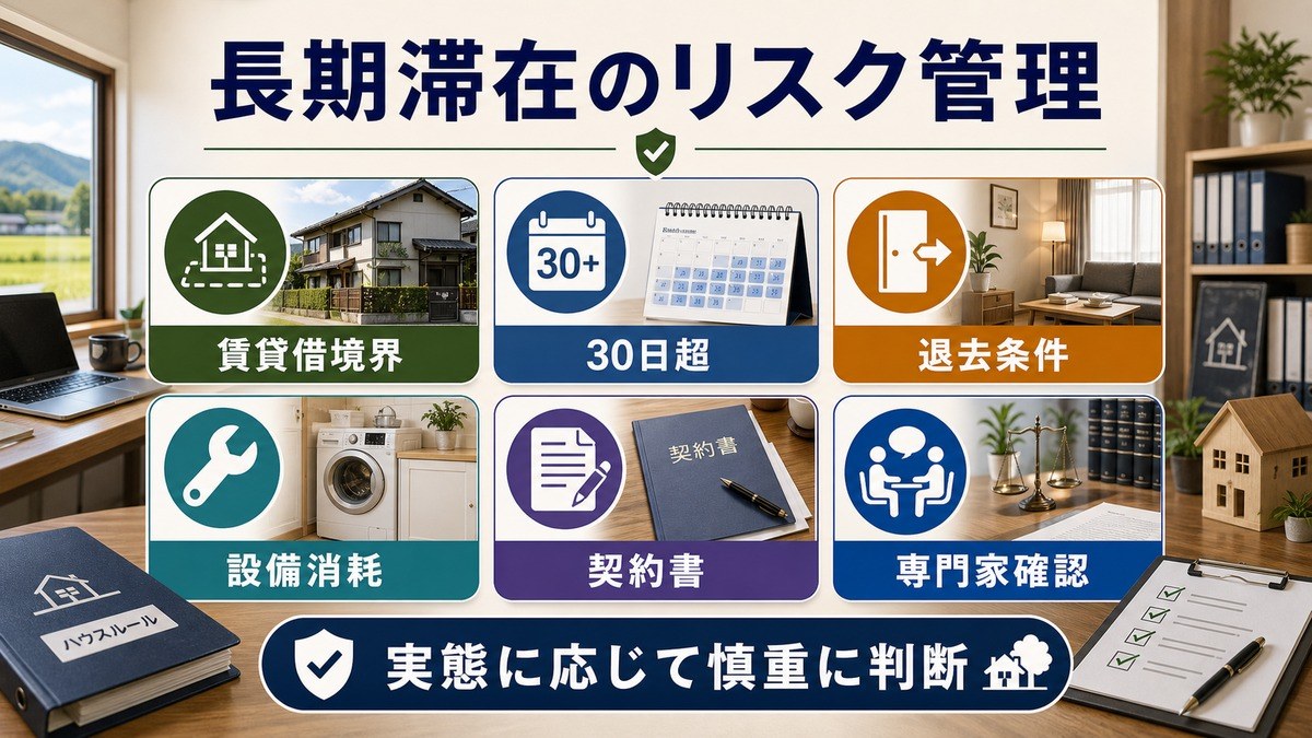 長期滞在のリスク管理として、賃貸借境界、30日超、退去条件、設備消耗、契約書、専門家確認を整理した図解