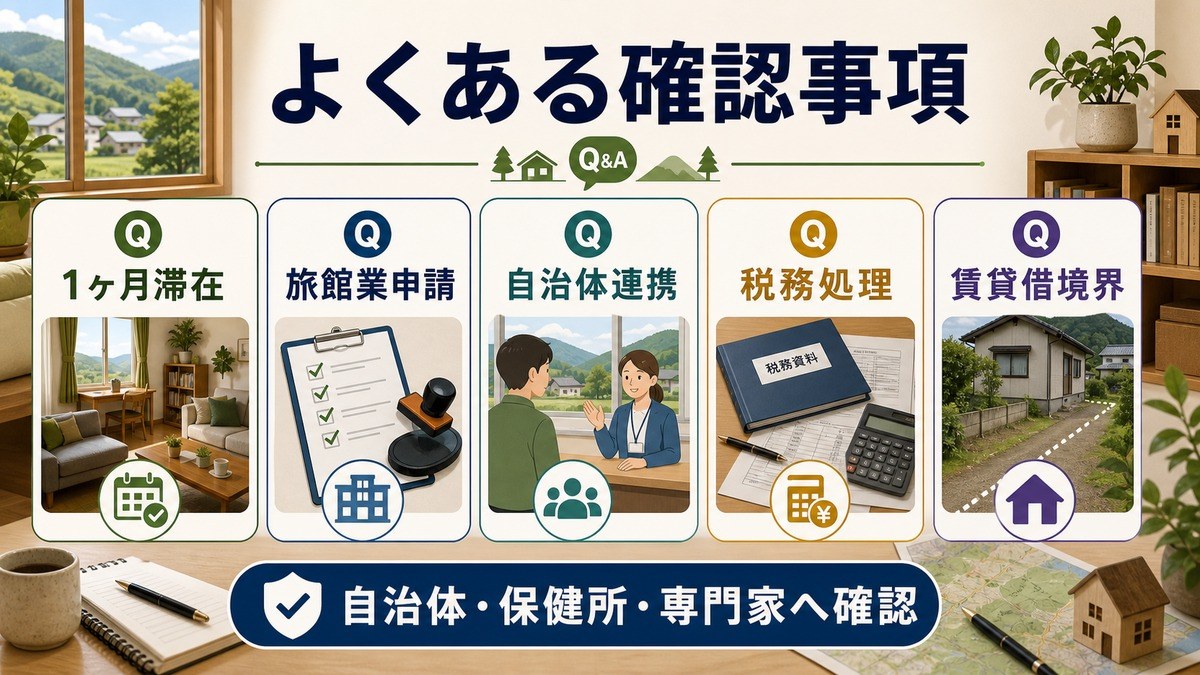 お試し移住民泊のFAQとして、1ヶ月滞在、旅館業申請、自治体連携、税務処理、賃貸借境界、自治体・保健所・専門家確認を整理した図解