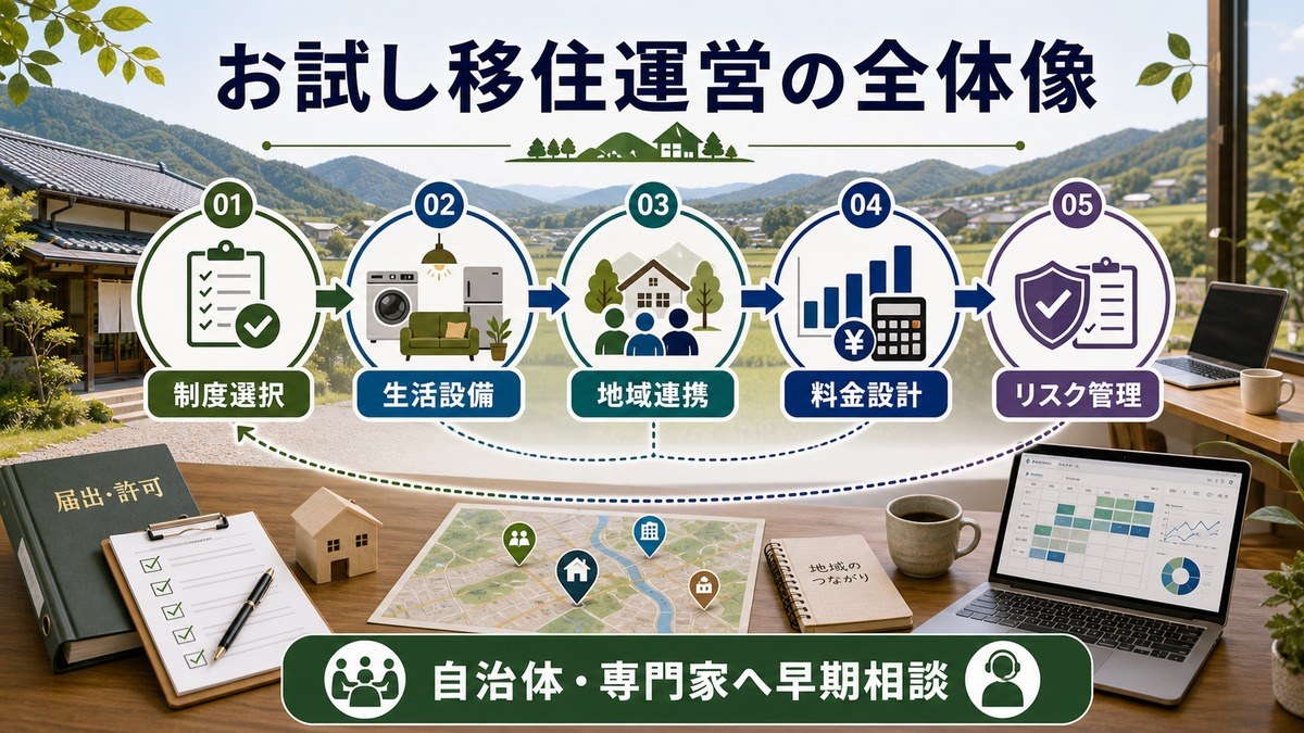 お試し移住運営の全体像として、制度選択、生活設備、地域連携、料金設計、リスク管理、自治体・専門家相談を整理した図解