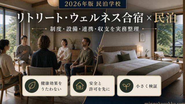 リトリート・ウェルネス合宿需要に対応する民泊の制度、設備、連携、収支を整理したアイキャッチ画像