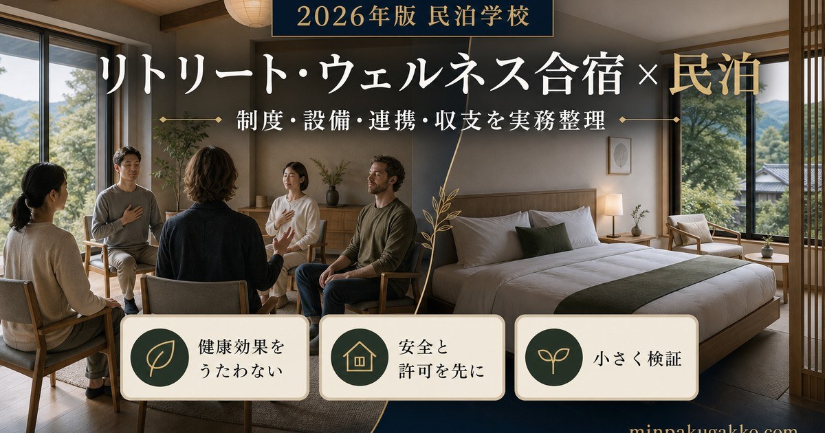 リトリート・ウェルネス合宿需要に対応する民泊の制度、設備、連携、収支を整理したアイキャッチ画像