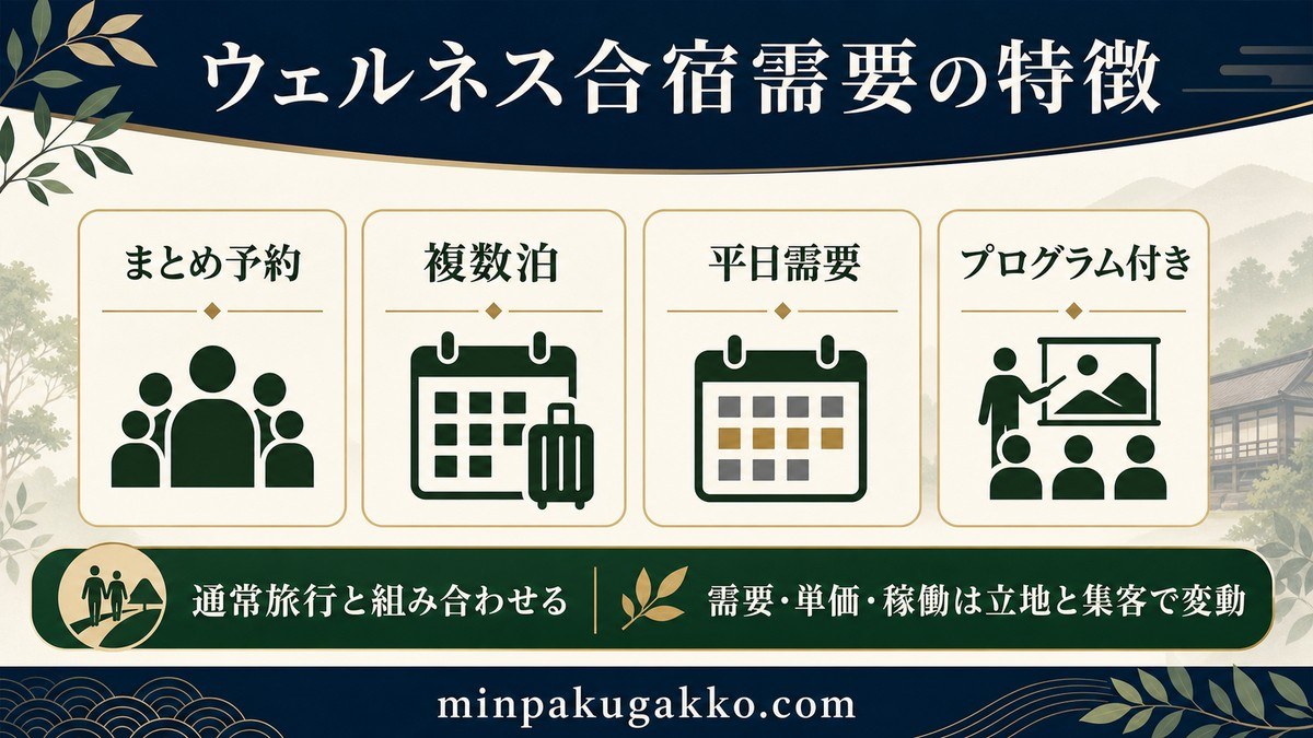 リトリート合宿のまとめ予約、複数泊、平日需要、プログラム付きという特徴を整理した図解