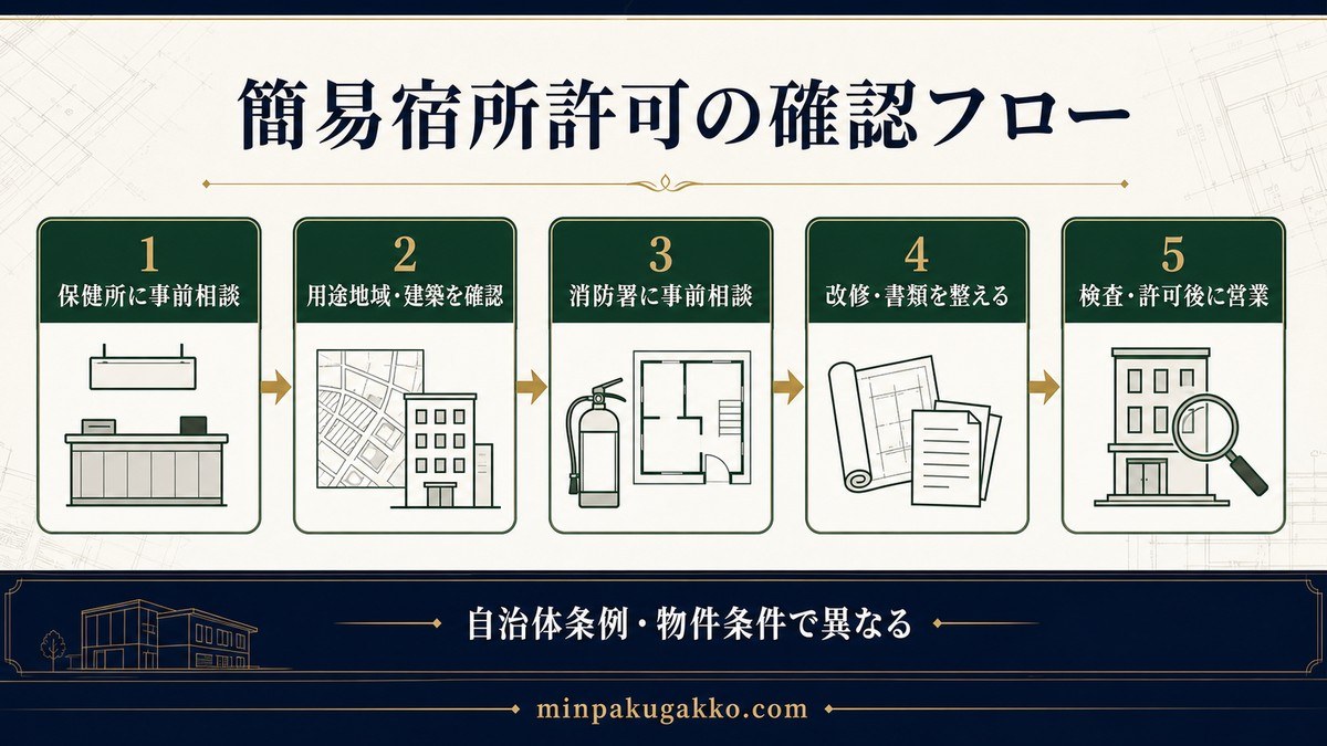 保健所相談、用途地域・建築確認、消防署相談、改修・書類、検査・許可後の営業開始を示すフロー図