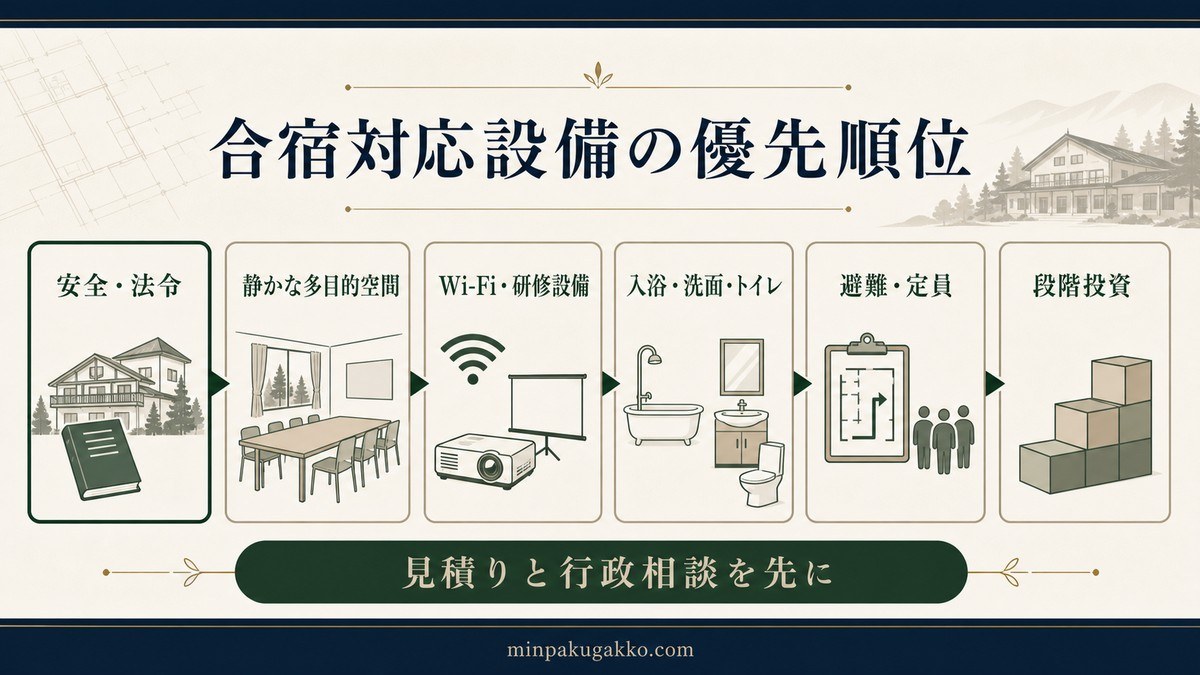 安全・法令、静かな多目的空間、研修設備、水回り、避難・定員、段階投資の優先順位図