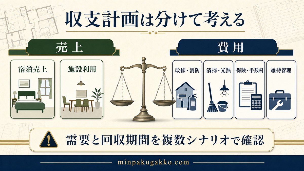 宿泊売上・施設利用の売上と、改修・消防・清掃・光熱・保険・手数料・維持管理の費用を分けた図解