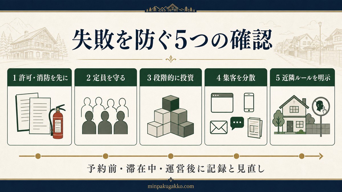 許可・消防、定員、段階投資、集客分散、近隣ルールを予約前・滞在中・運営後に見直す図解