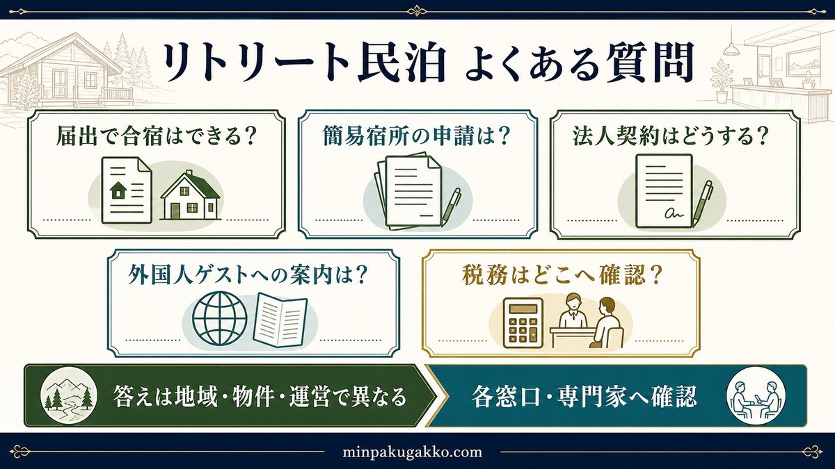 合宿の届出、簡易宿所申請、法人契約、外国人案内、税務確認に関するよくある質問を整理した図解