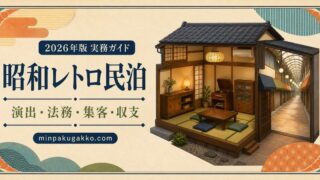 昭和レトロ民泊を演出、法務、集客、収支の観点で表したアイキャッチ