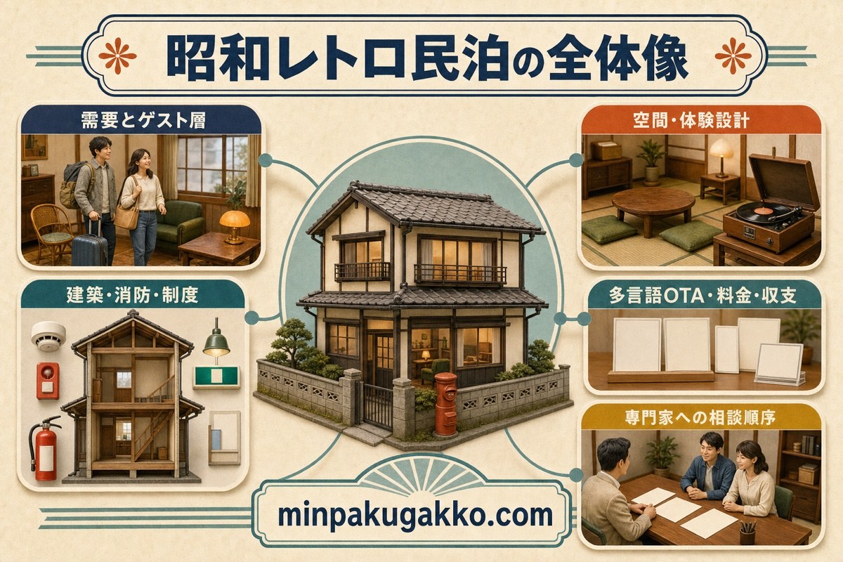 昭和レトロ民泊の記事全体を需要、空間、法務、集客、収支、専門家相談に分けた概要図