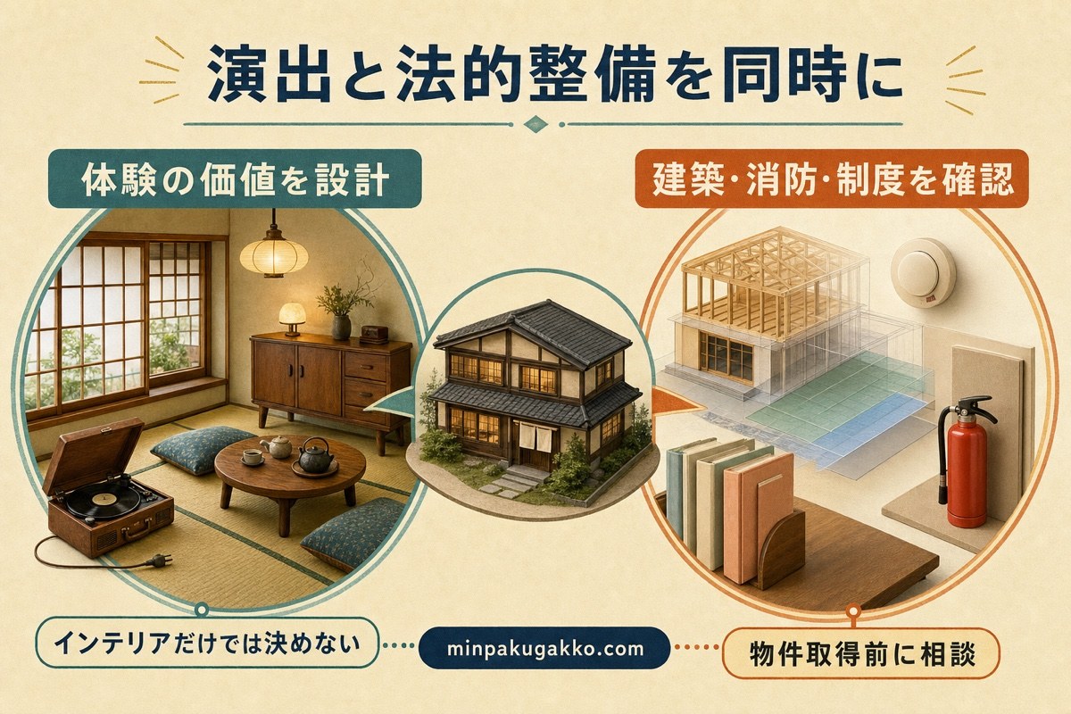 昭和レトロ民泊を体験演出と建築消防制度の両面から検討する結論図