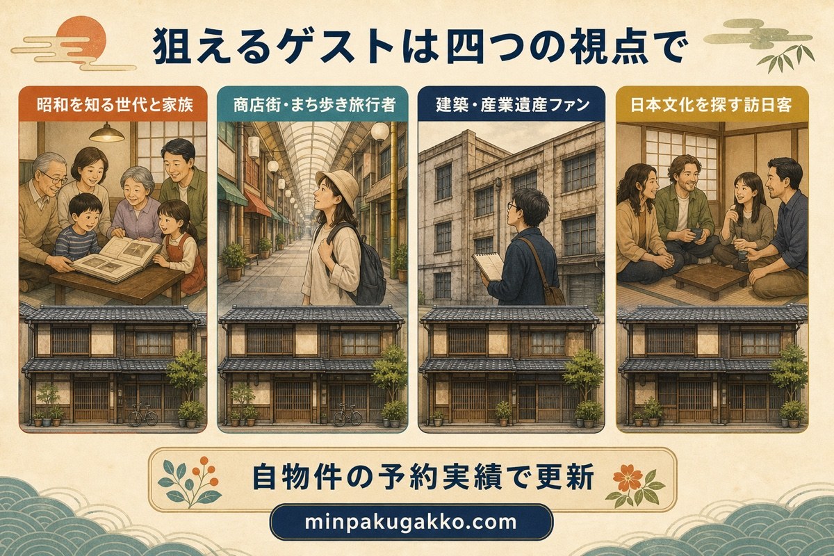 昭和レトロ民泊のゲスト層を世代家族、まち歩き、建築ファン、訪日客に分けた図