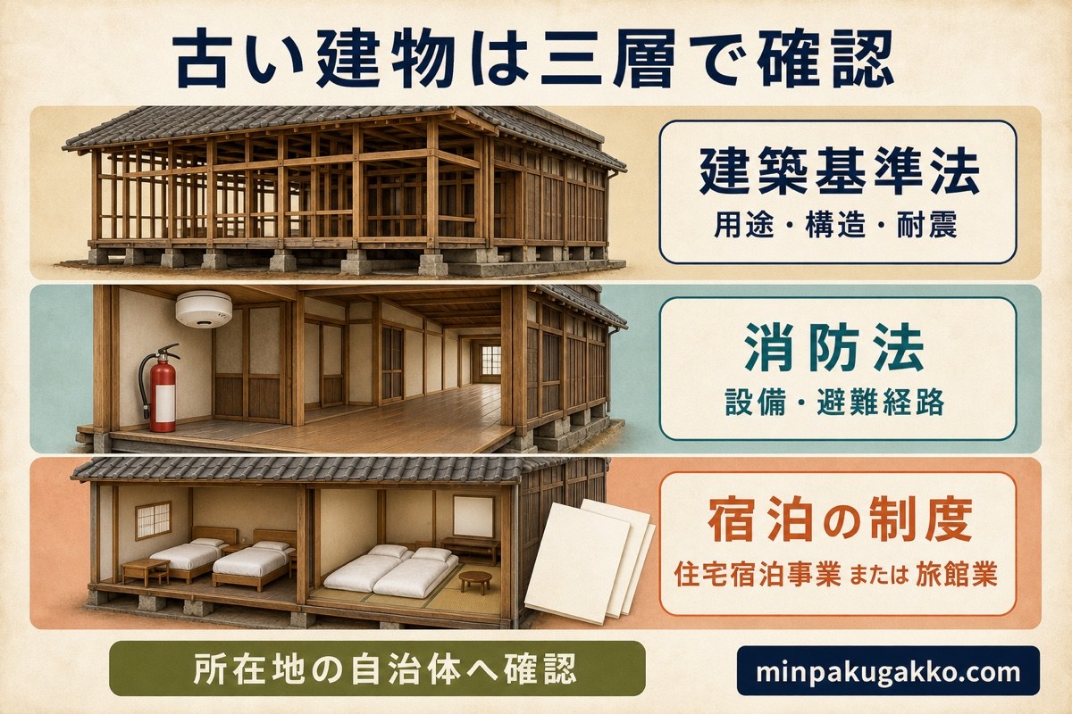 古民家と長屋を建築基準法、消防法、住宅宿泊事業または旅館業の三層で確認する図