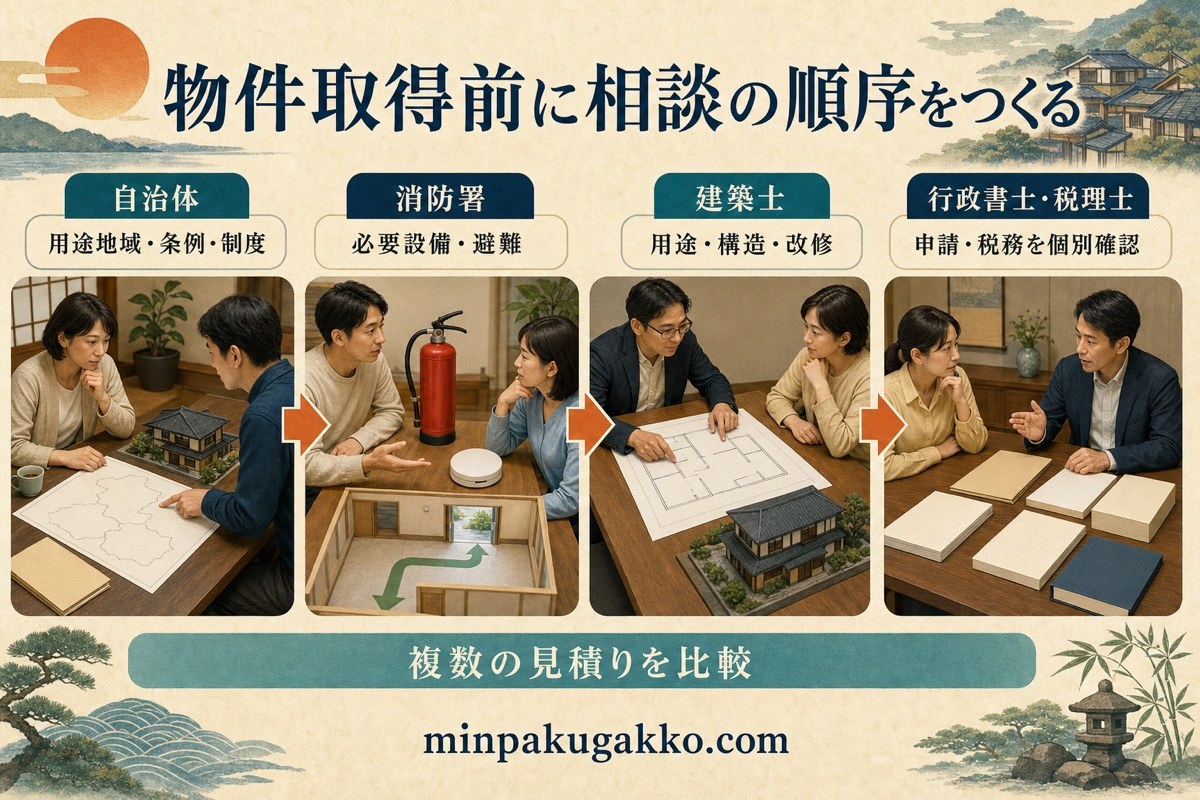 自治体、消防署、建築士、行政書士、税理士への相談順序と役割を整理した図