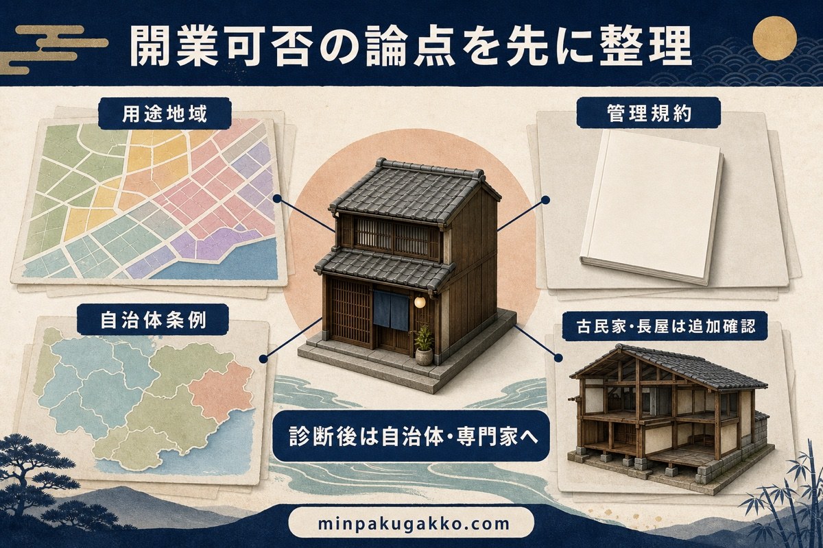 開業可否を用途地域、管理規約、自治体条例、古民家特有条件で整理する診断図