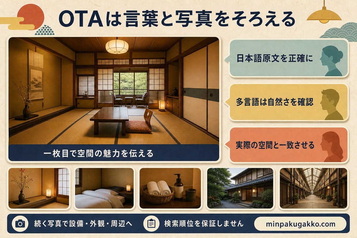 昭和レトロ民泊のOTA集客を日本語原文、多言語、写真順、実態一致で整理した図