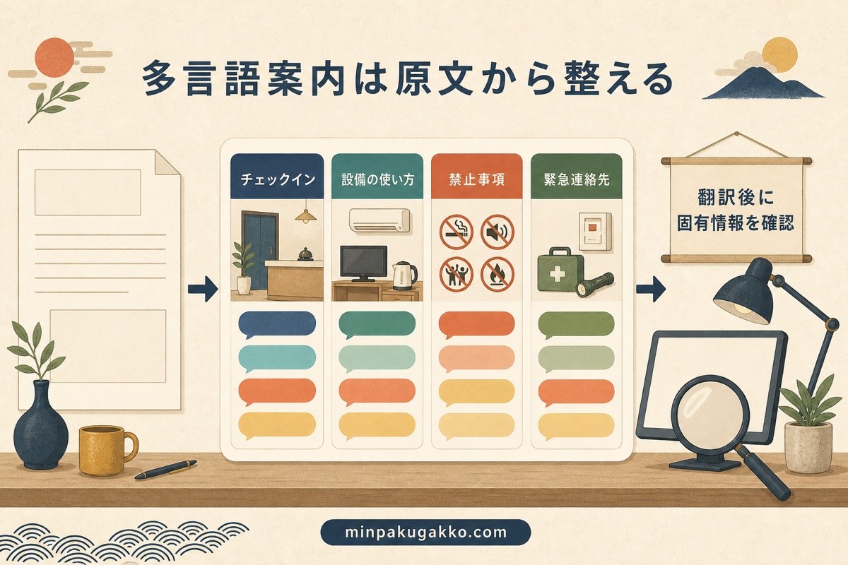 多言語チェックイン案内を原文、設備、禁止事項、緊急連絡先、翻訳確認の流れで示した図