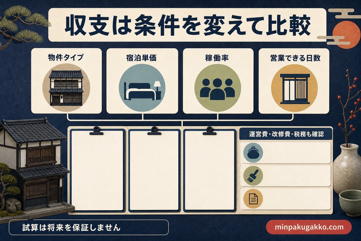 レトロ民泊の収支を物件タイプ、宿泊単価、稼働率、営業日数、費用で比較する試算図