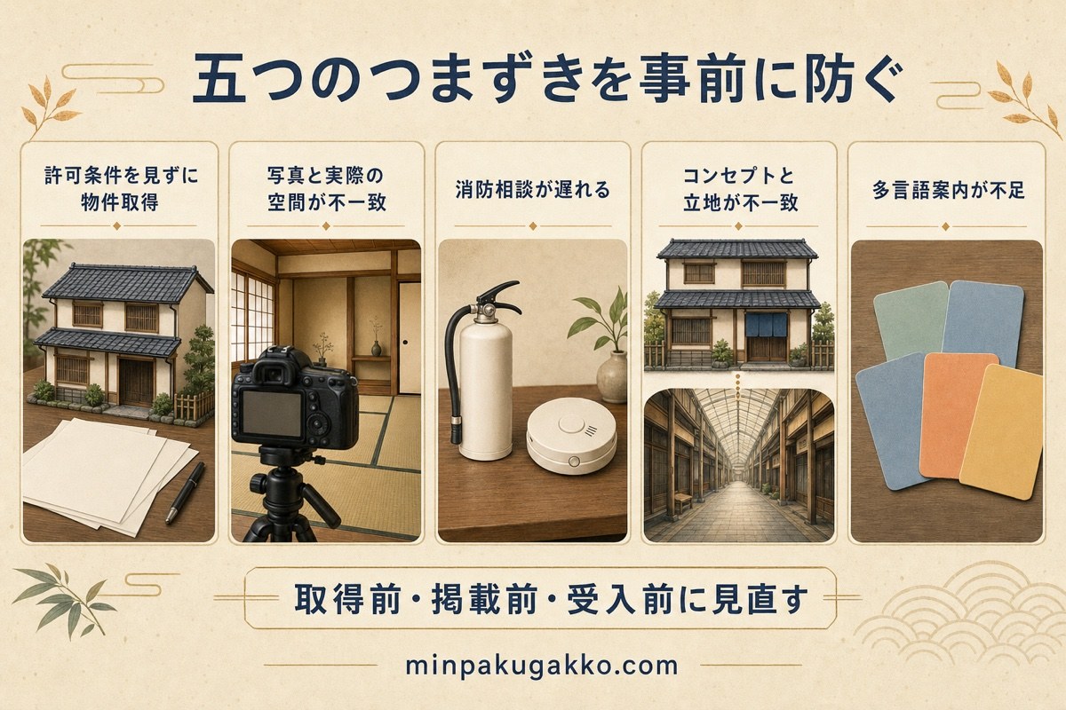 昭和レトロ民泊の失敗を物件条件、写真、消防、立地、多言語の五点で整理した予防図