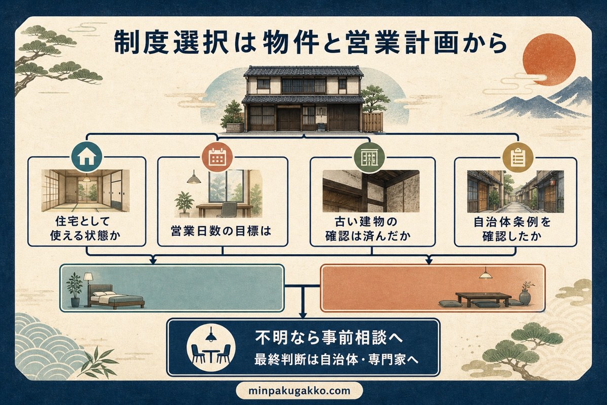 物件状態、営業日数、古い建物、自治体条例から宿泊制度の相談方向を整理する判断フロー