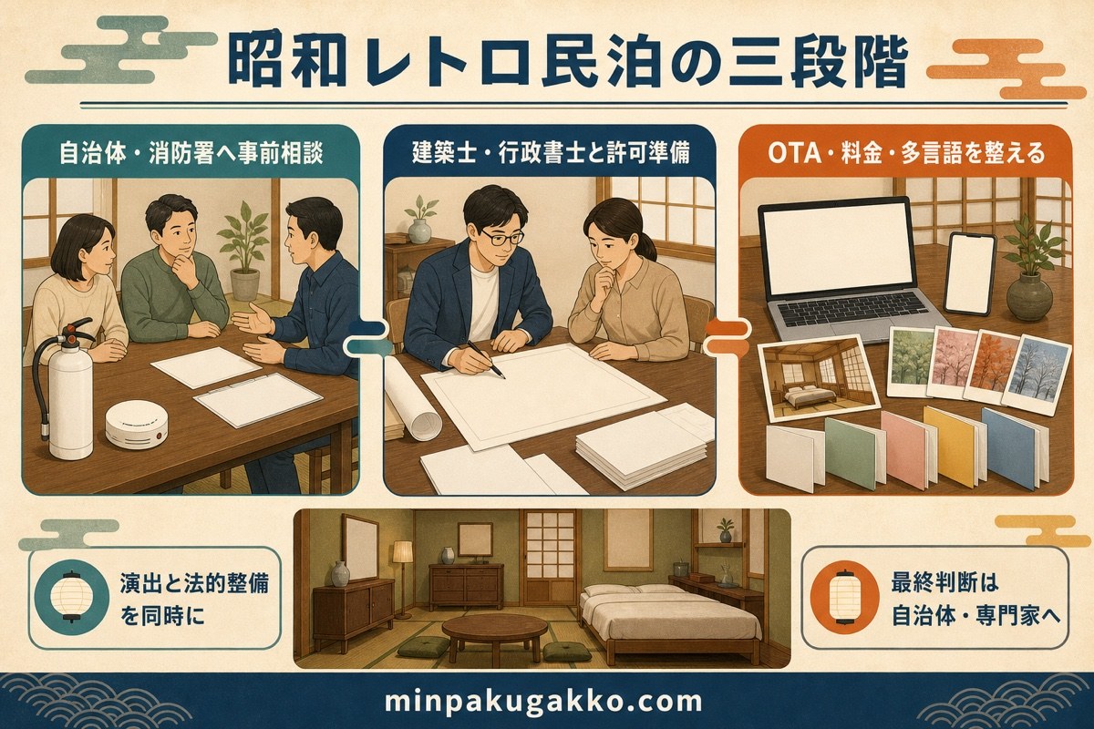 昭和レトロ民泊を事前相談、許可準備、OTA料金多言語の三段階で進めるまとめ図