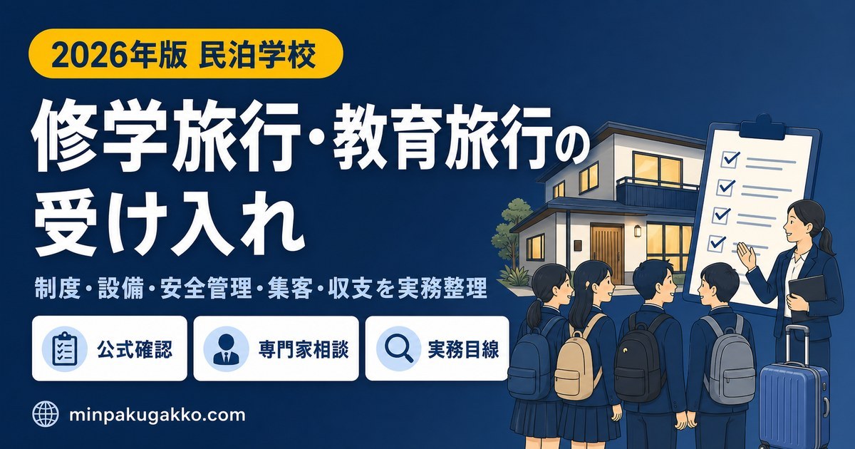 民泊で修学旅行・教育旅行の学校団体を受け入れる際の制度、設備、安全管理、集客、収支を整理したアイキャッチ画像