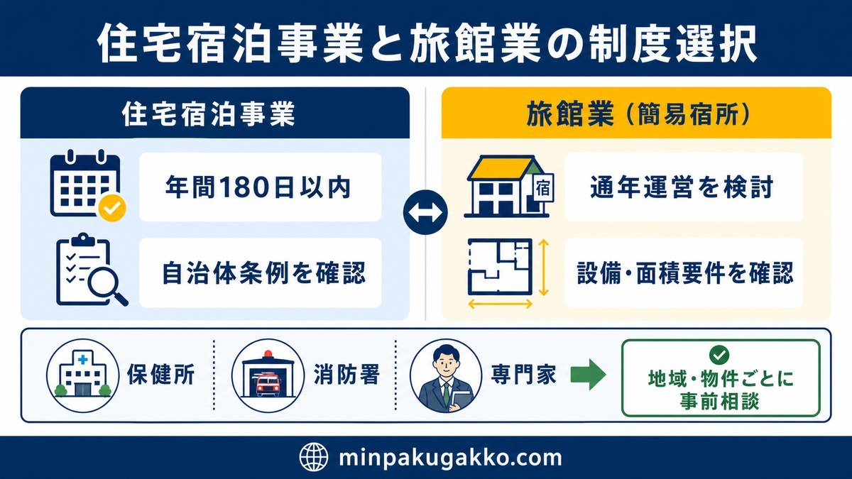 学校団体を受け入れる際の住宅宿泊事業と旅館業の制度選択を、180日管理、条例、通年運営、設備・面積要件、事前相談で比較した図解