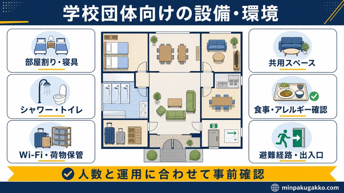 学校団体向けの設備・環境として部屋割り・寝具、共用スペース、シャワー・トイレ、食事・アレルギー確認、避難経路・出入口、Wi-Fi・荷物保管を整理した図解
