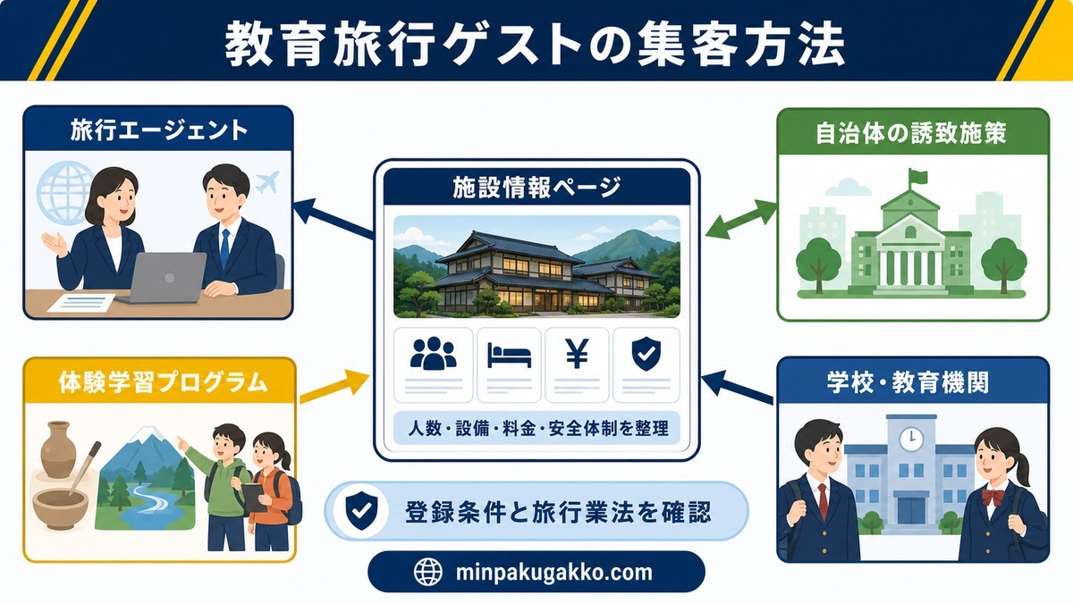 教育旅行ゲストの集客方法として、旅行エージェント、自治体の誘致施策、体験学習プログラム、施設情報ページ、学校・教育機関の導線を整理した図解