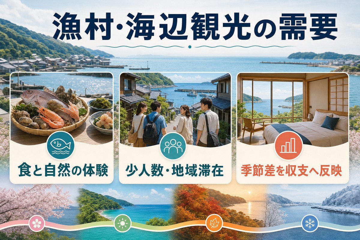 漁村・海辺観光で需要となる食と自然、少人数の地域滞在、季節差を示す図
