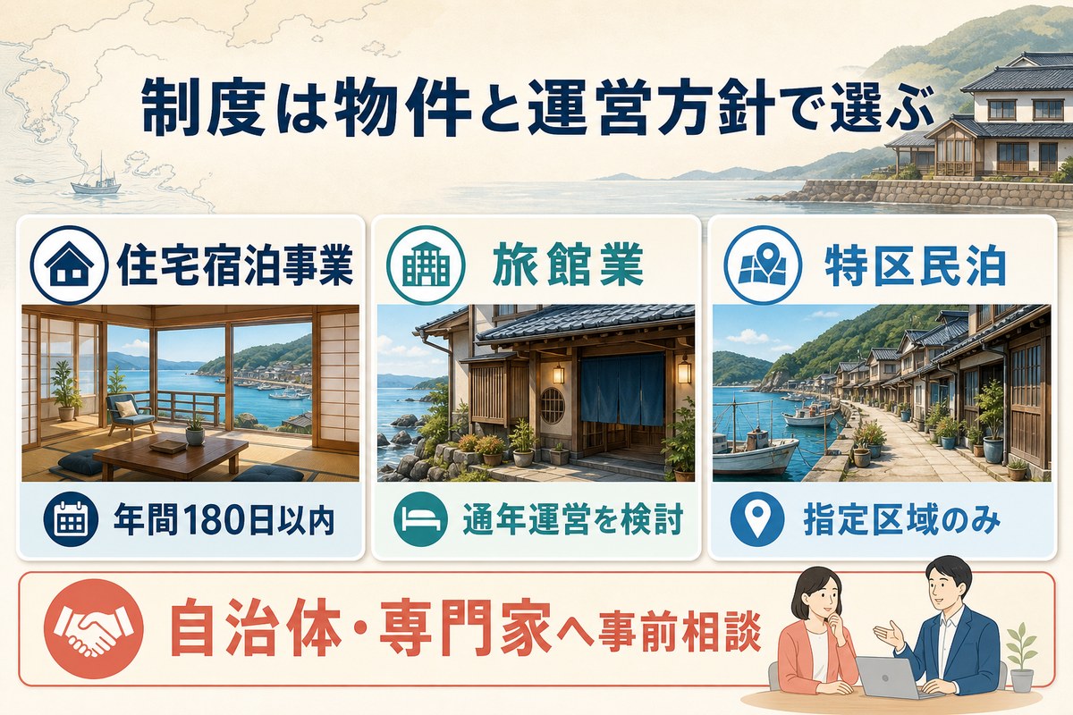 住宅宿泊事業、旅館業、特区民泊を運営日数と区域条件で比較する図