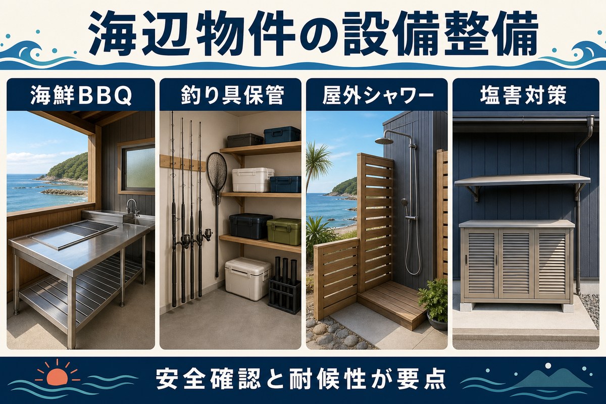海鮮BBQ、釣り具保管、屋外シャワー、塩害対策を備えた海辺民泊の図